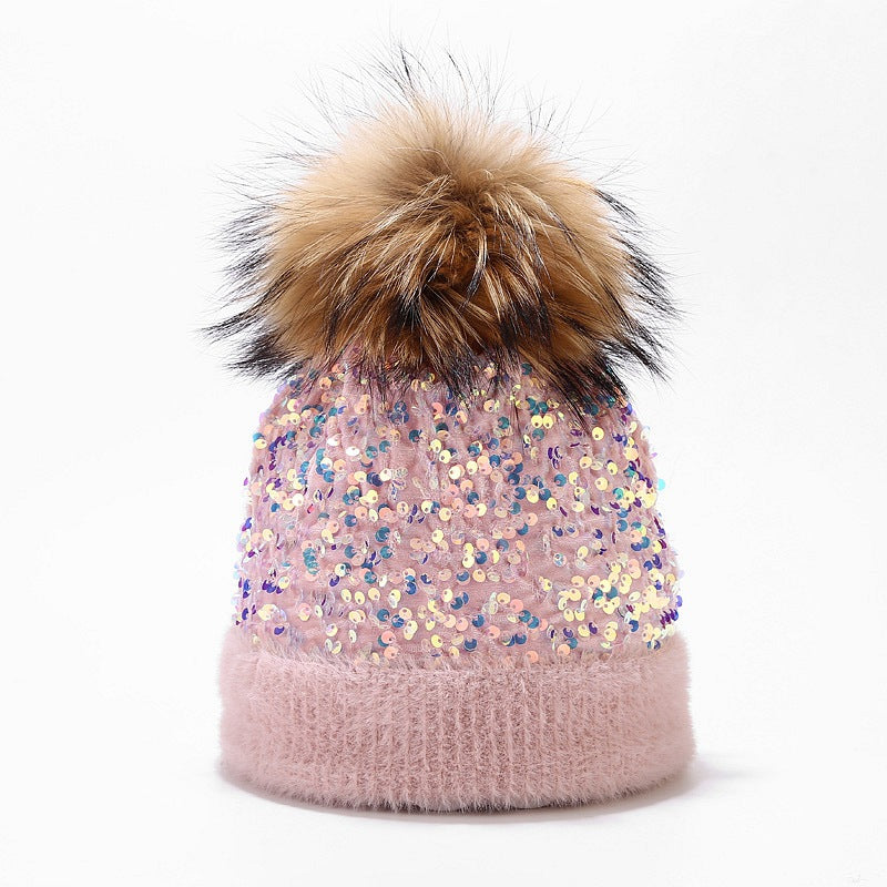 Wholesale Dyed Raccoon Fur Ball Sequin Warm Knitted Hat